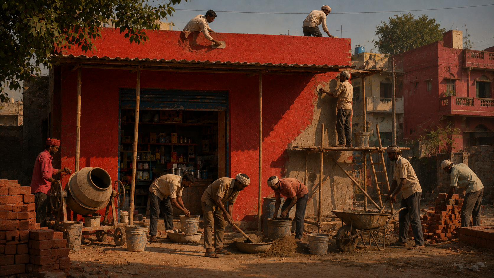 Raju Mistri's worksite with a red shop and workers